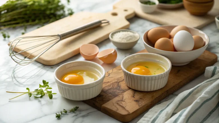 Egg-spert Advice A beautifully composed hero shot showcasing perfectly separated egg yolks and whites in small ceramic bowls, next to a whisk and a bowl of whole eggs. The setting is a marble countertop with wood accents, bathed in natural morning light from the east. Fresh herbs are subtly visible in the soft-shadowed background, and the same wooden cutting board is present in the scene, suggesting authentic kitchen life. Warm tones and a touch of authentic messiness.
