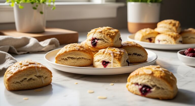 A beautifully styled hero shot of several golden brown Almond Flour Scones arranged on a minimalist white plate. The plate is set on marble countertops with subtle wood accents in the background. Natural morning light from the east window illuminates the scene, creating soft shadows. Fresh herbs are visible in a small ceramic pot in the background, adding a touch of green. The scones are perfectly flaky, some with a gentle drizzle of glaze and visible berries. The overall feel is warm, inviting, and authentic, as if shot by a home cook.