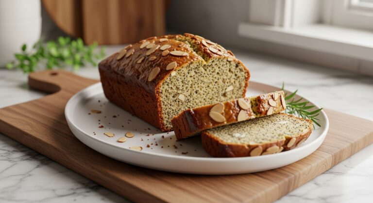 A beautifully sliced Almond Poppy Seed Quick Bread loaf on a minimalist white plate, with a few fresh herbs (like a sprig of rosemary) subtly visible in the soft-focused background. The scene is set on marble countertops with warm wood accents, bathed in natural morning light from the east window, showcasing the bread's moist crumb and the glistening glaze. The same wooden cutting board is beneath the plate.