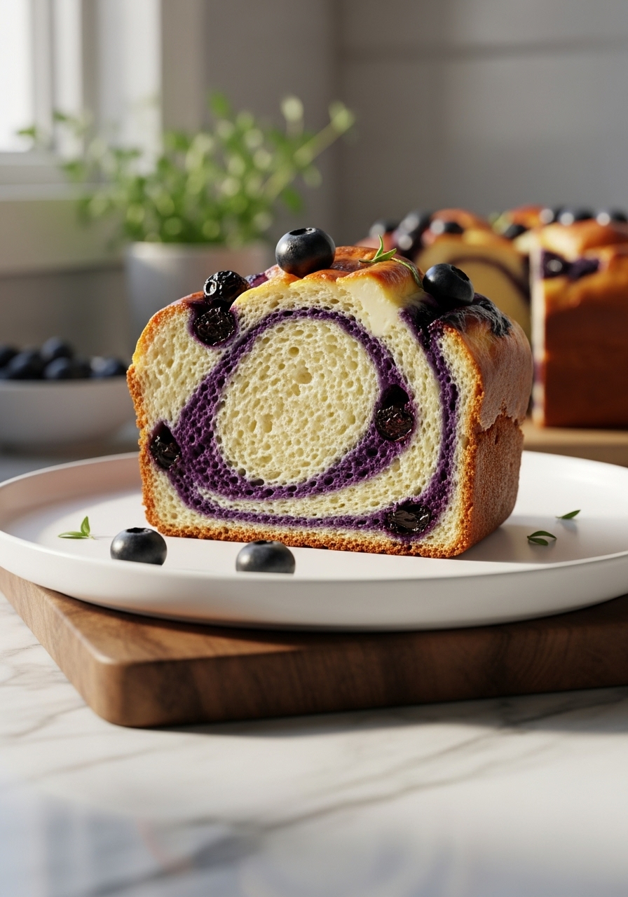 A close-up, slightly angled side view of a slice of the baked Blueberry Cream Cheese Bread. The slice clearly shows the moist texture of the bread, the distinct swirl of cream cheese, and the vibrant blueberries. It is presented on a minimalist white plate, resting on the same wooden cutting board on marble countertops. Natural morning light from the east window illuminates the scene, creating soft shadows and warm tones. Fresh herbs are subtly in the soft-focus background, maintaining a clean and tidy presentation. NO HANDS.