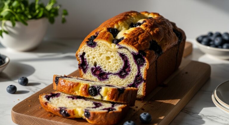 A beautifully baked Blueberry Cream Cheese Bread loaf, perfectly golden brown with a visible cream cheese swirl and juicy blueberries peeking through the top. It is sliced on a clean wooden cutting board, placed on marble countertops, with natural morning light streaming in from an east window. Soft shadows are cast, highlighting the warm tones. Fresh green herbs are visible in a ceramic bowl in the background, creating a clean and tidy presentation. NO HANDS.
