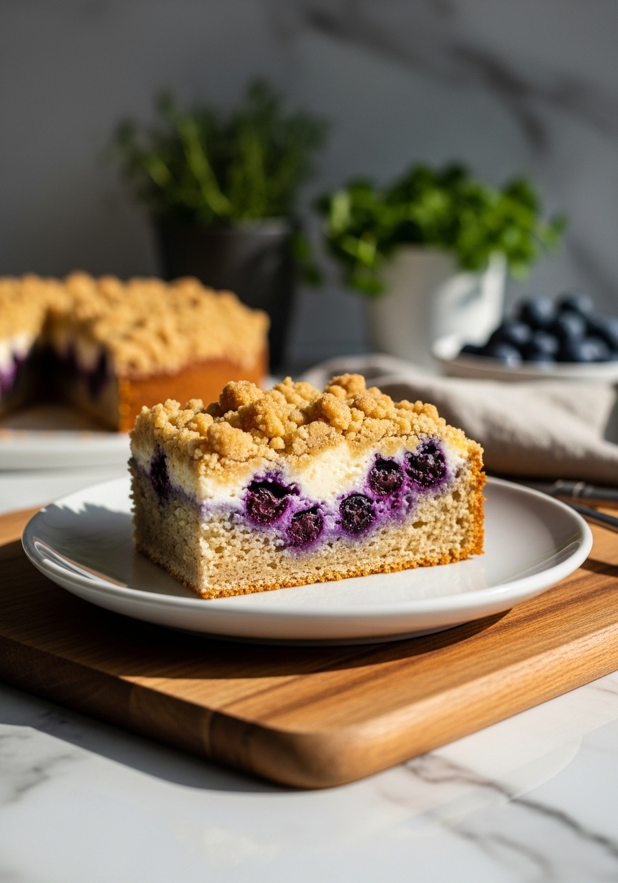 A complementary 3:4 shot of the Blueberry Cream Cheese Coffee Cake, a close-up side view of the same plated slice from the featured image. This angle emphasizes the texture of the streusel and the vibrant blueberries within the moist cake, highlighting the cream cheese layer. The cake is on a minimalist white plate, resting on the same wooden cutting board, bathed in natural morning light, with warm tones and soft shadows. Marble countertops and fresh herbs are in the blurred background.