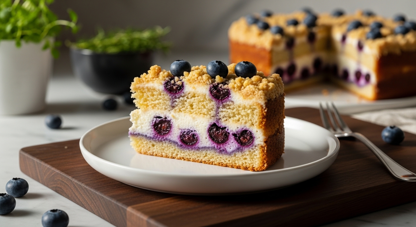 A beautifully composed 16:9 shot of a slice of Blueberry Cream Cheese Coffee Cake, perfectly plated on a minimalist white plate, set on a dark wooden cutting board. The cake slice reveals distinct layers of moist cake, a creamy white cream cheese swirl, and juicy blueberries, topped with a golden streusel. Soft natural morning light illuminates the scene, creating warm tones and soft shadows. Fresh herbs are visible in the background, subtly hinting at the marble countertops.