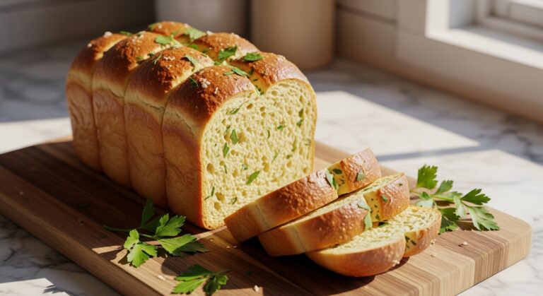 A 16:9 hero shot of a golden-brown loaf of bread machine garlic bread, freshly baked and sliced, sitting on the same wooden cutting board. A few sprigs of fresh parsley are scattered nearby. The scene is bathed in natural morning light from the east window, highlighting the crispy crust and soft interior. Marble countertops are visible in the background with soft shadows and warm tones.