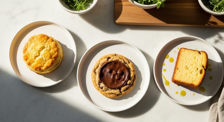 Butter vs Shortening vs Oil A beautifully arranged overhead shot on marble countertops. Three distinct baked goods are featured: a perfectly golden, flaky scone (representing butter), a soft, chewy chocolate chip cookie with minimal spread (representing shortening), and a slice of incredibly moist, tender olive oil cake (representing oil). Each is presented on minimalist white plates. Fresh herbs are visible in ceramic bowls in the soft natural morning light from the east window. The same wooden cutting board is subtly visible in the background, adding warmth. Soft shadows and warm tones create an authentic, lived-in kitchen feel. NO HANDS OR PEOPLE.