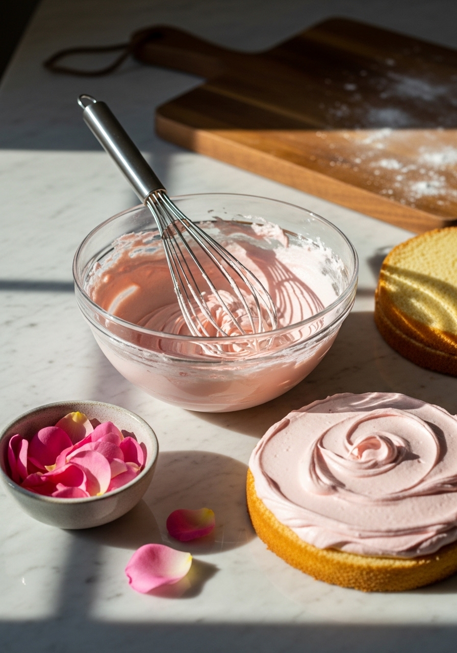 An in-process shot showing a bowl of fluffy rose frosting on a marble countertop, next to a partially frosted cake layer. A whisk rests inside the bowl, and a small ceramic bowl of fresh rose petals is nearby. Natural morning light from the east window casts soft shadows. The same wooden cutting board is visible in the background, subtly indicating a continuous cooking session.