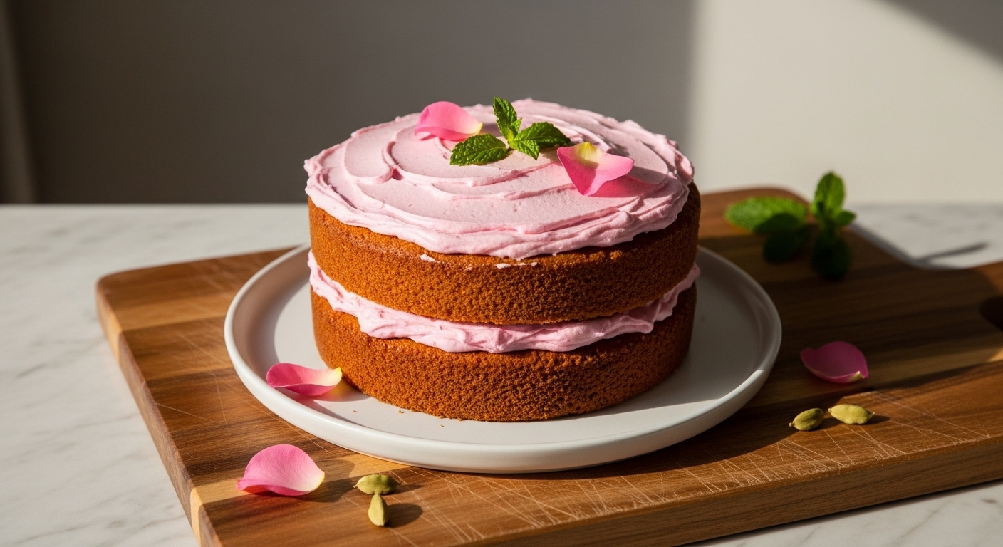 A beautifully frosted two-layer Cardamom Honey Cake with Rose Frosting on a minimalist white plate, adorned with a few fresh rose petals and a sprig of fresh mint. The cake is perfectly centered on a wooden cutting board, resting on a marble countertop. Natural morning light from the east window creates soft shadows, highlighting the cake's delicate texture and the subtle pink hue of the frosting. Warm tones throughout the scene.