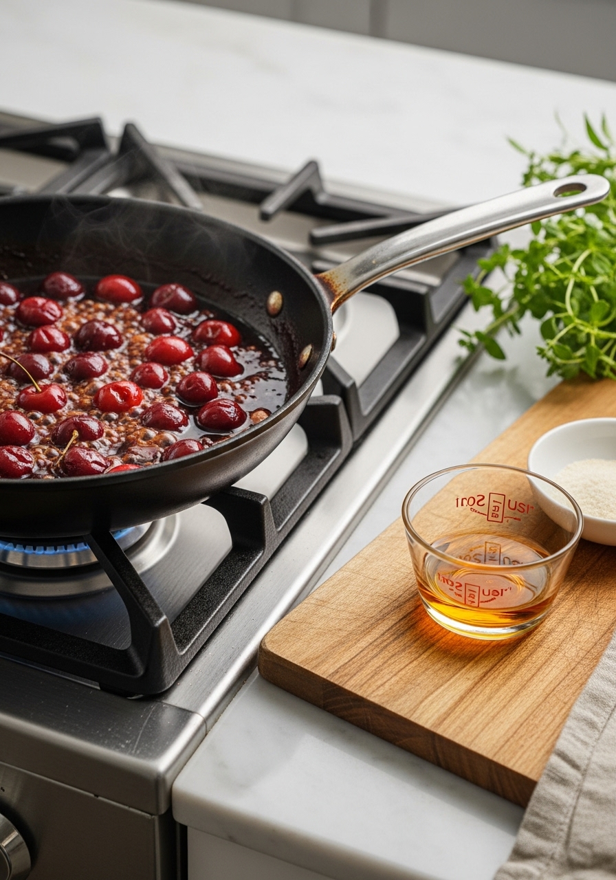 A still life shot of the heavy-bottomed skillet on a stove burner on the marble countertop, with the vibrant red cherries simmering in a rich sauce. A small, elegant glass bowl with a measure of brandy is beside the skillet on the same wooden cutting board, implying the next step. Fresh herbs are subtly visible in the background, bathed in natural morning light.