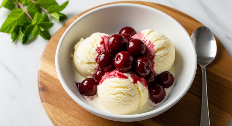 A beautifully composed overhead shot of a single serving of Cherries Jubilee in a minimalist white ceramic bowl, generous scoops of vanilla ice cream topped with rich, glossy flambéed cherries and their sauce. The bowl is centered on the same wooden cutting board, with a sprig of fresh mint visible in the background on the marble countertop. Natural morning light from the east window casts soft shadows.
