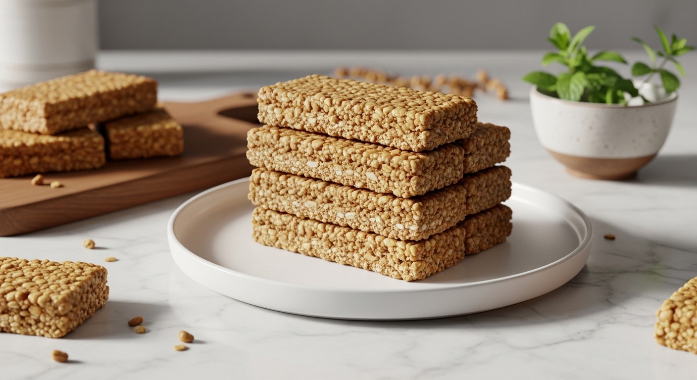 A beautifully composed 16:9 shot of several Chewy No-Bake Granola Bars stacked neatly on a minimalist white plate, placed on a marble countertop. A wooden cutting board is subtly visible nearby, along with a small sprig of fresh mint in a ceramic bowl in the background. Natural morning light from the east casts soft shadows, enhancing the warm tones and inviting texture of the bars.