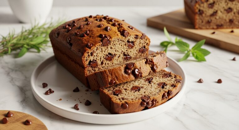 A beautifully sliced loaf of Chocolate Chip Banana Bread, showcasing its moist interior and generous distribution of melty chocolate chips, presented on a minimalist white plate on marble countertops with subtle wood accents. Fresh sprigs of rosemary or mint are artfully placed in the background. Natural morning light streams in from an east window, casting soft shadows. The overall image has warm tones and feels authentic and lived-in, with the same wooden cutting board visible nearby.