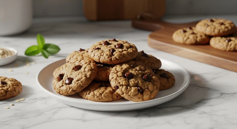 A beautifully styled 16:9 hero shot of freshly baked Chocolate Chip Oatmeal Power Cookies piled neatly on a minimalist white plate, set on marble countertops with wood accents. Natural morning light from the east window casts soft shadows. A small sprig of fresh mint or a few fresh oats are visible in the background, subtly hinting at fresh ingredients. The same wooden cutting board is peeking into the frame, creating a sense of a lived-in kitchen.