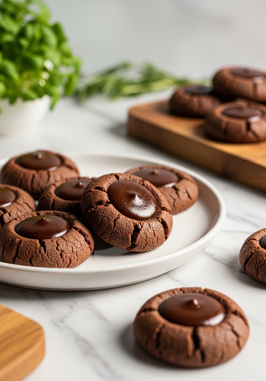 A close-up, slightly lower angle view of the beautifully plated Chocolate Espresso Thumbprint Cookies on a minimalist white plate, showcasing the texture of the cookie and the glossy ganache. The cookies are on marble countertops with subtle wood accents. Fresh herbs are blurred in the background, and the same wooden cutting board is partially visible. Natural morning light creates warm tones and soft shadows. No hands or people are visible.