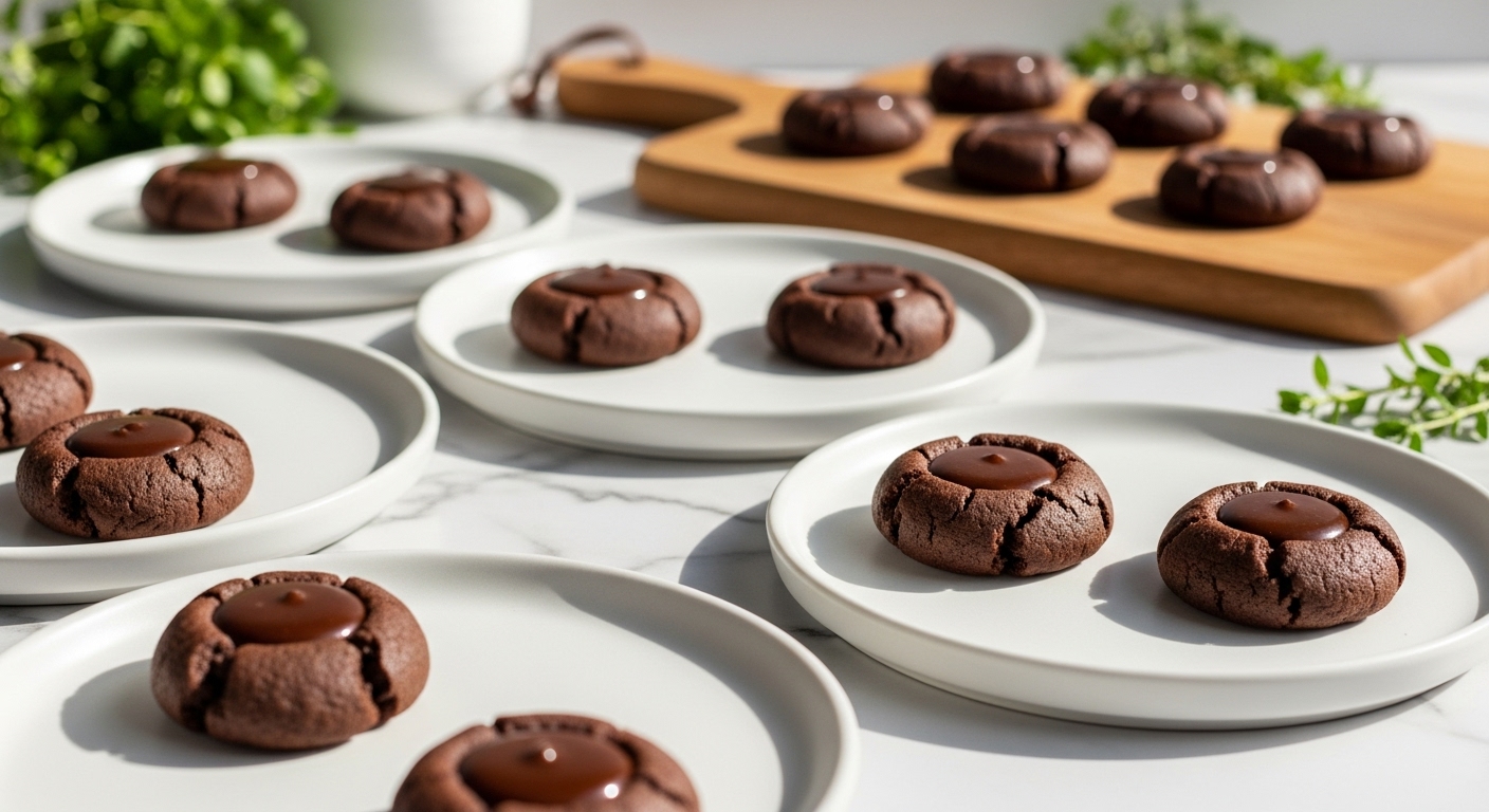 A beautifully plated display of Chocolate Espresso Thumbprint Cookies on minimalist white plates, arranged on marble countertops. Each cookie features a perfect ganache-filled indentation. Fresh herbs are visible in the background, along with the same wooden cutting board. The scene is bathed in natural morning light, casting soft, warm shadows, maintaining a clean and tidy presentation. No hands or people are visible.