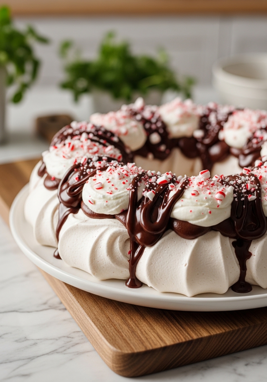 A close-up, slightly off-center side view of the same stunning Chocolate Peppermint Pavlova Wreath. The focus is on the intricate textures of the crisp meringue, the fluffy peppermint whipped cream, the glossy chocolate ganache, and the vibrant crushed candy canes. It is still on the minimalist white plate, on the same wooden cutting board, against the marble countertops, under natural morning light. Fresh herbs are subtly blurred in the background, maintaining warm tones and a pristine kitchen aesthetic. No hands or people.