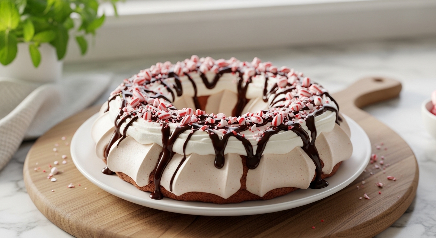 A stunning Chocolate Peppermint Pavlova Wreath, perfectly baked with crisp edges and a soft center, artfully topped with fluffy peppermint whipped cream, a rich chocolate ganache drizzle, and glistening crushed candy canes. It is presented on a minimalist white plate, centered on the same wooden cutting board, against marble countertops, bathed in natural morning light from an east window. Fresh mint sprigs are visible in the soft-focused background, emphasizing warm tones and a clean, tidy presentation. No hands or people.