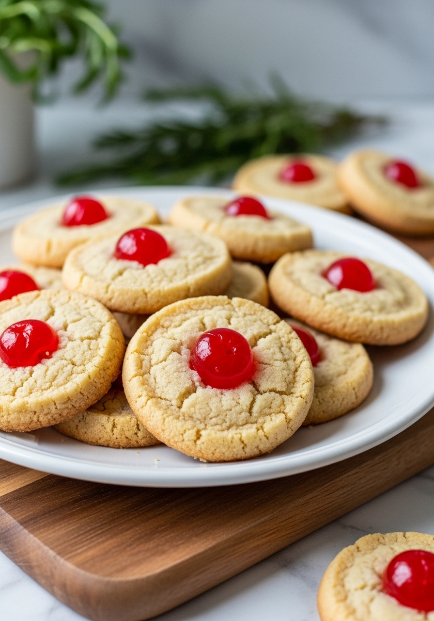 A complementary 3:4 shot of the same plate of Christmas Maraschino Cherry Shortbread Cookies from a slightly closer, eye-level side angle. The focus is on the rich texture of the shortbread and the glistening, vibrant maraschino cherry pieces. The same natural morning light highlights the golden edges and buttery crumb. The marble countertops and the wooden cutting board are visible, maintaining the consistent kitchen environment. Fresh herbs provide a soft green blur in the background, reinforcing the festive feel. The presentation is clean and elegant.
