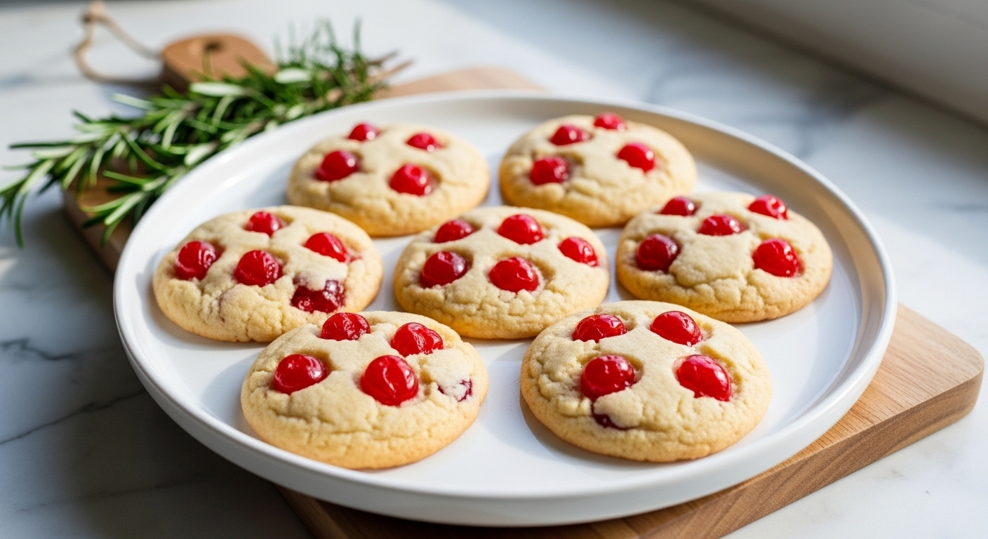 A beautifully arranged 16:9 shot of several Christmas Maraschino Cherry Shortbread Cookies on a minimalist white plate, placed on light marble countertops. Natural morning light streams from the east window, creating soft shadows. A small bundle of fresh rosemary is visible in the background, adding a touch of green. The wooden cutting board is subtly visible beneath the plate, emphasizing warmth. The cookies are perfectly round, golden-edged, and generously studded with vibrant red cherry pieces. The presentation is clean and tidy.