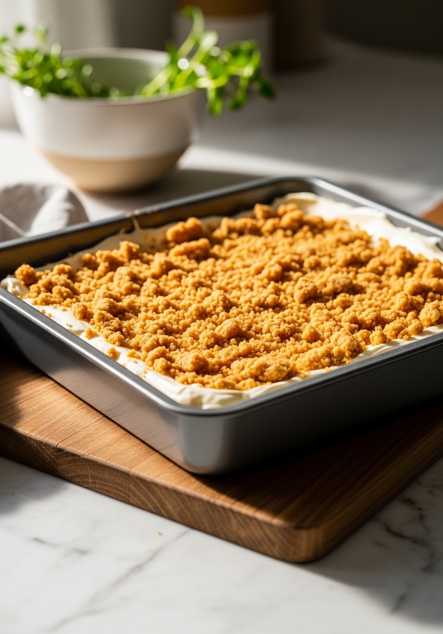 An in-process shot showing the unbaked Churro Cheesecake Bars in a 9x13 inch baking pan, with the creamy cheesecake filling topped with the golden-brown churro crumble, ready for the oven. The pan is sitting on the same wooden cutting board on the marble countertop. Natural morning light casts soft shadows. Fresh herbs are visible in a ceramic bowl in the background, making it feel like the cook just stepped away for a moment.