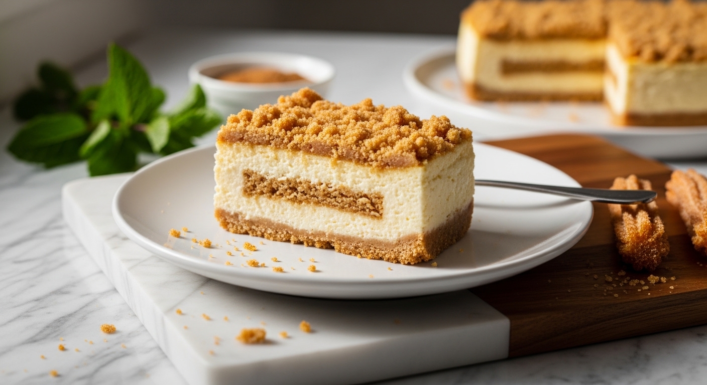 A beautifully plated slice of Churro Cheesecake Bar on a minimalist white plate, showcasing the distinct layers of crust, creamy cheesecake, and golden, crumbly churro topping. The plate is set on a marble countertop with wood accents, bathed in natural morning light from the east window. A sprig of fresh mint or a small bowl of cinnamon sugar is visible in the soft-shadowed background. Authentic messiness includes a few stray cinnamon crumbs on the wooden cutting board.