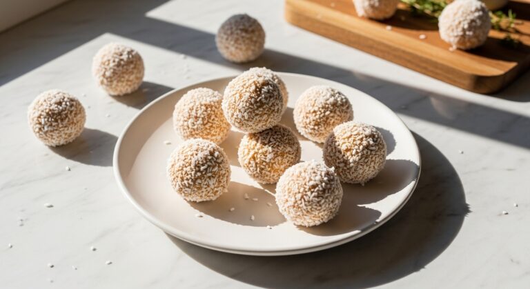 A beautifully composed, 16:9 overhead shot of several perfectly formed Coconut Snowball Cheesecake Bites arranged artfully on a minimalist white plate on marble countertops, bathed in natural morning light from the east window. The background features soft shadows, warm tones, a hint of fresh herbs, and the same wooden cutting board. The presentation is clean and tidy.