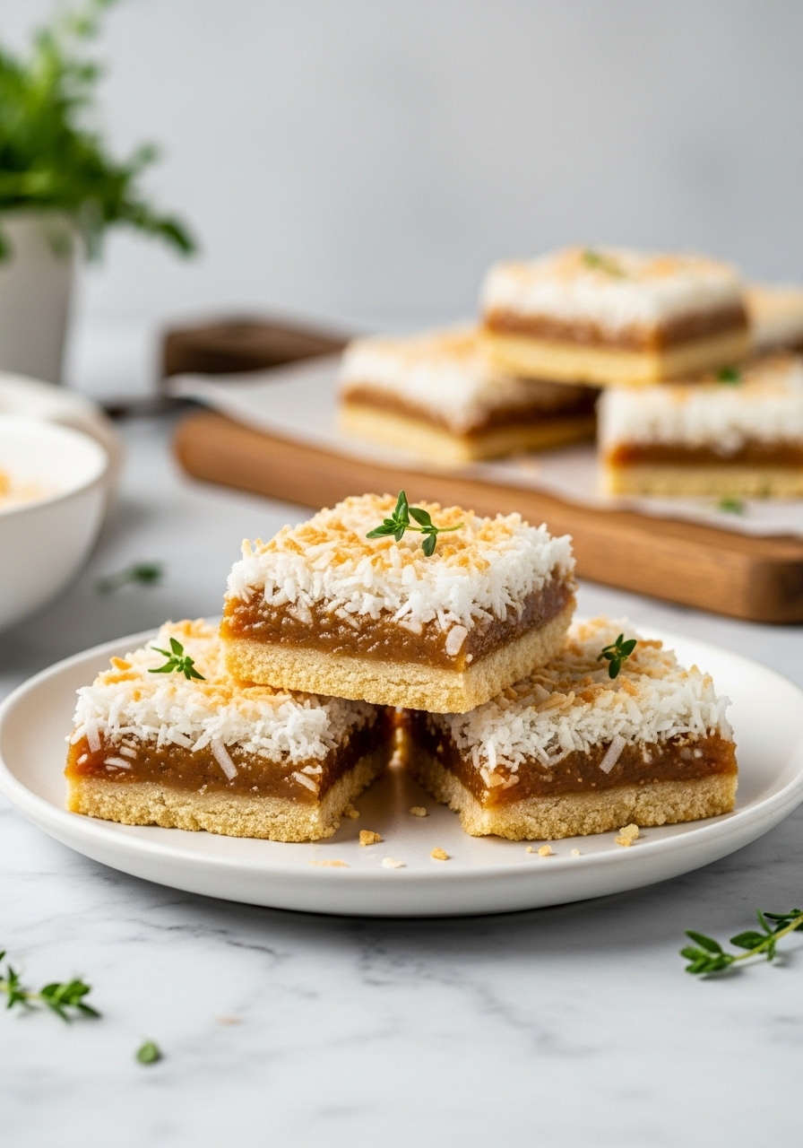 A 3:4 shot of the Coconut Toffee Bars, identical to the featured image but from a slightly lower, closer angle, emphasizing the distinct layers of the shortbread crust, chewy toffee, and toasted coconut. The bars are still on the minimalist white plate, set on the marble countertop, bathed in natural morning light. Soft shadows highlight the textures. Fresh herbs are visible in the soft background, and the same wooden cutting board peeks into the frame. The presentation is clean and inviting.