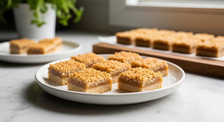 A beautifully composed 16:9 shot of several perfectly cut Coconut Toffee Bars, arranged artfully on a minimalist white plate on the marble countertop. Natural morning light streams in from the east window, creating soft shadows. Fresh herbs are visible in a small pot in the background, subtly out of focus. The scene is clean and tidy, with warm tones and a focus on the golden toffee and toasted coconut texture. The same wooden cutting board is subtly visible in the background.
