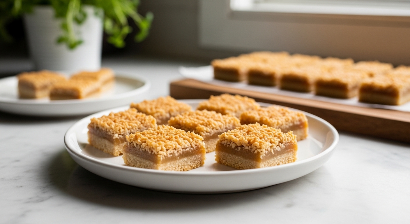 A beautifully composed 16:9 shot of several perfectly cut Coconut Toffee Bars, arranged artfully on a minimalist white plate on the marble countertop. Natural morning light streams in from the east window, creating soft shadows. Fresh herbs are visible in a small pot in the background, subtly out of focus. The scene is clean and tidy, with warm tones and a focus on the golden toffee and toasted coconut texture. The same wooden cutting board is subtly visible in the background.