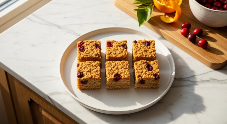 A beautifully composed, warm-toned 16:9 overhead shot of several golden-brown Cranberry Orange Oatmeal Squares, neatly arranged on a minimalist white plate. The plate sits on a marble countertop with wood accents. Natural morning light streams from the east window, creating soft shadows. A sprig of fresh orange peel or a few fresh cranberries are artfully scattered on the wooden cutting board in the background, along with a ceramic bowl.