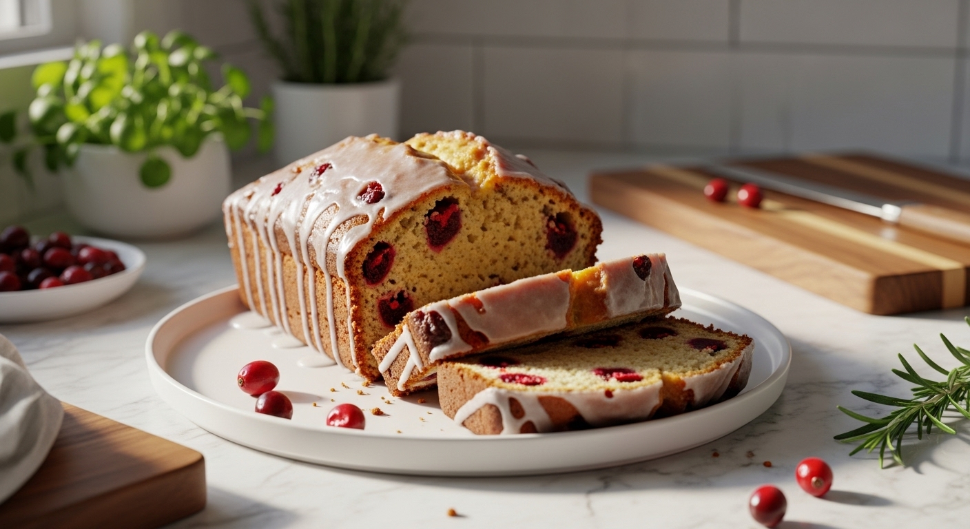 A beautifully sliced loaf of Cranberry Orange Quick Bread, glazed, on a minimalist white plate. It's set on marble countertops with wood accents, bathed in natural morning light from an east window. Fresh herbs (like a sprig of rosemary) are visible in the soft background, alongside the same wooden cutting board. The scene has warm tones and soft shadows, feeling authentic and lovingly prepared.