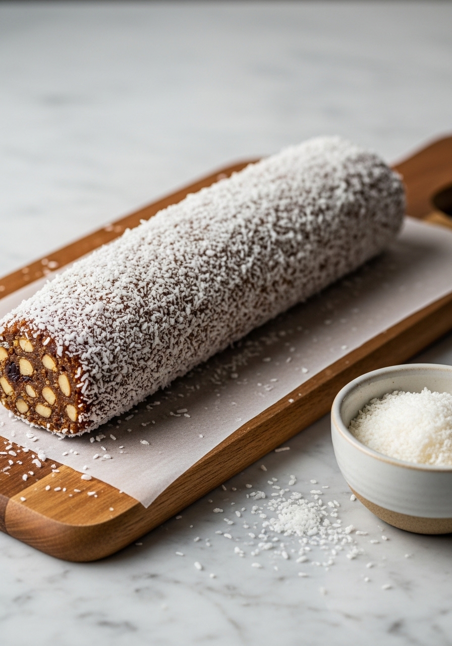 An in-process shot showing a whole, unsliced Date Nut Roll, freshly coated in shredded coconut, resting on the same wooden cutting board. The roll is positioned on the marble countertop. A small ceramic bowl of extra shredded coconut is nearby, with a few stray flakes creating an authentic messiness. Natural morning light from the east window illuminates the scene, casting soft shadows. The shot suggests the roll has just been finished before chilling, with no hands visible, maintaining the consistent kitchen environment.