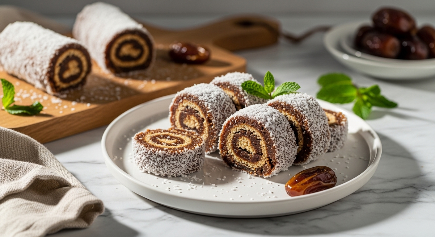 A beautifully composed, close-up shot of several slices of Date Nut Roll, coated in shredded coconut, artfully arranged on a minimalist white plate. The plate sits on a marble countertop, adjacent to the same wooden cutting board used for preparation. A sprig of fresh mint or a few fresh dates are subtly visible in the background, adding a touch of natural elegance. Natural morning light streams in from the east window, creating soft shadows and warm tones, highlighting the crunchy texture and deep brown color. Authentic kitchen messiness is minimal but present, suggesting a lived-in space.