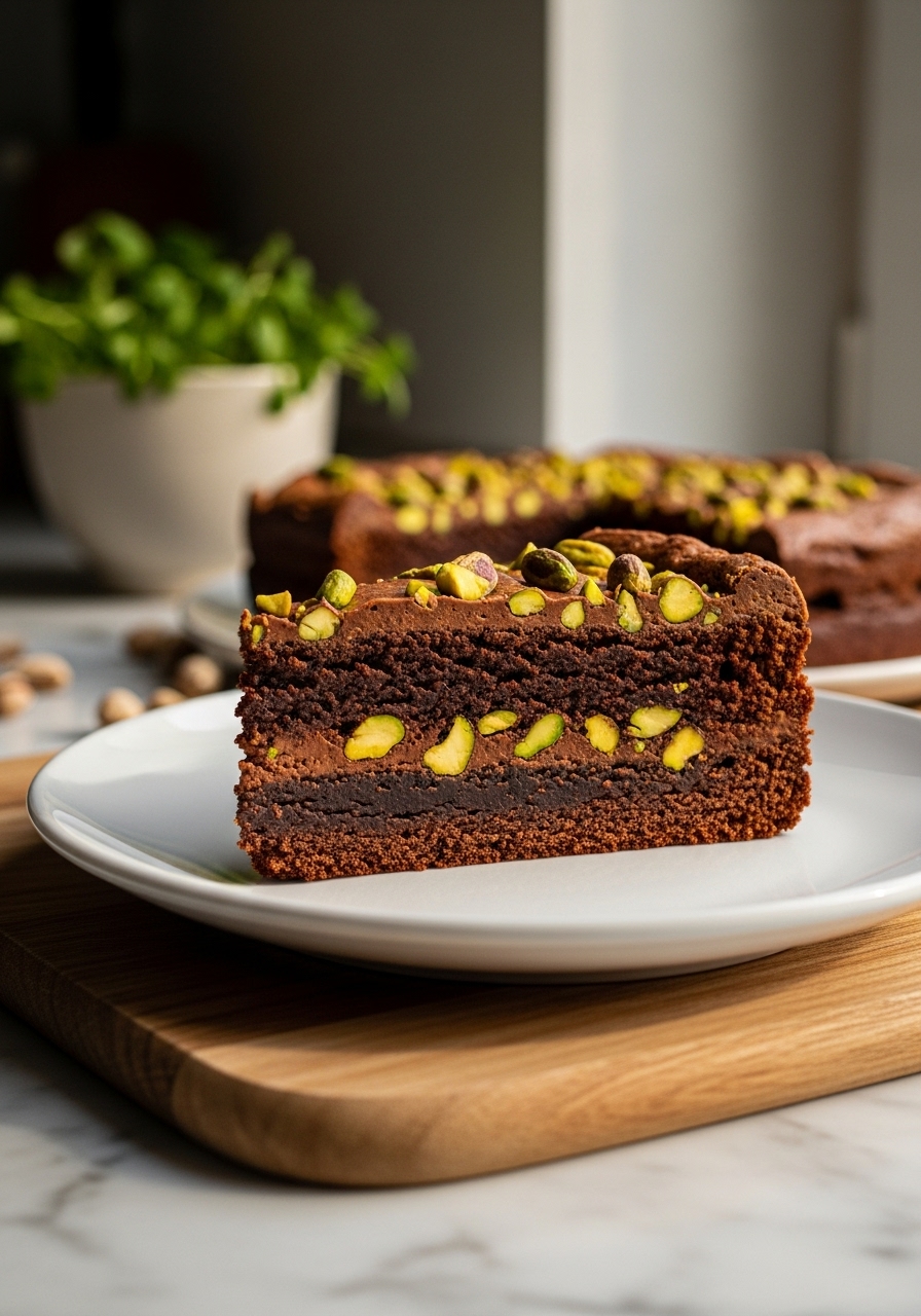 A close-up, slightly lower side view of a beautifully plated slice of Dubai Chocolate Brownies with Pistachio, emphasizing the layers of chocolate and pistachio, and the fudgy interior. The brownie slice rests on a minimalist white plate, positioned on the same wooden cutting board, which is on marble countertops. Natural morning light from an east window illuminates the scene, creating soft shadows. Fresh herbs are visible in a ceramic bowl in the background. The presentation is clean, tidy, and warm-toned, maintaining the consistent kitchen visual identity. NO HANDS.