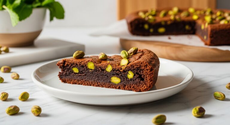 A beautifully plated slice of Dubai Chocolate Brownies with Pistachio, showcasing its fudgy texture and vibrant green pistachios. The brownie slice rests on a minimalist white plate, placed on marble countertops with wood accents in the background. Natural morning light streams from an east window, casting soft shadows. Fresh mint leaves are subtly visible in a ceramic bowl in the background. The scene is clean, tidy, and exudes warm tones with a consistent, recognizable style, shot with genuine love for the process. NO HANDS.
