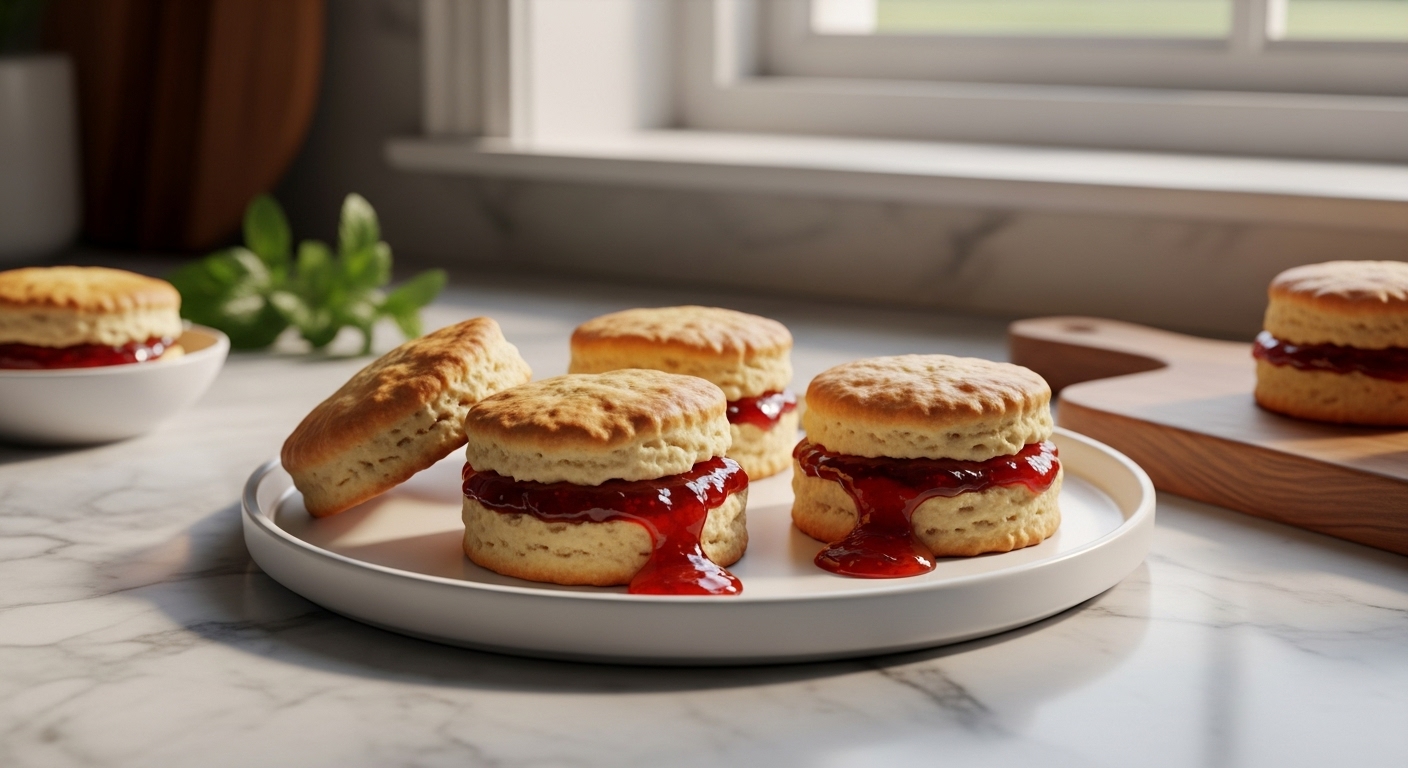A beautiful 16:9 hero shot of freshly baked Easy Drop Biscuits with Jam, split open with bright red strawberry jam oozing out, artfully arranged on a minimalist white plate. The plate rests on marble countertops with wood accents, bathed in natural morning light from the east window. A small sprig of fresh mint is visible in the background, along with soft shadows and warm tones, capturing an authentic, lived-in kitchen feel. The same wooden cutting board is subtly visible in the corner.