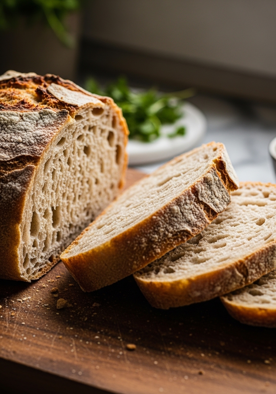 A close-up side view of the freshly sliced Easy Dutch Oven No Knead Bread resting on the same wooden cutting board, emphasizing the rustic, craggy crust and the open, bubbly interior. The soft natural morning light from the east window highlights every detail of the texture, with a subtle hint of the marble countertop and fresh herbs in the background. The scene maintains warm tones and soft shadows, showcasing the finished, plated dish from a complementary angle. NO HANDS.