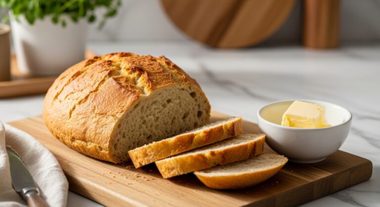 A perfectly golden-brown loaf of Easy Dutch Oven No Knead Bread, sliced and beautifully presented on the same wooden cutting board, revealing its airy crumb and rustic texture. A minimalist white ceramic bowl filled with a pat of softened butter sits elegantly next to it. Fresh herbs are visible in a small pot in the soft, blurred background, all bathed in gentle natural morning light on marble countertops with subtle wood accents. The presentation is clean, tidy, and exudes warm tones with soft shadows. NO HANDS.