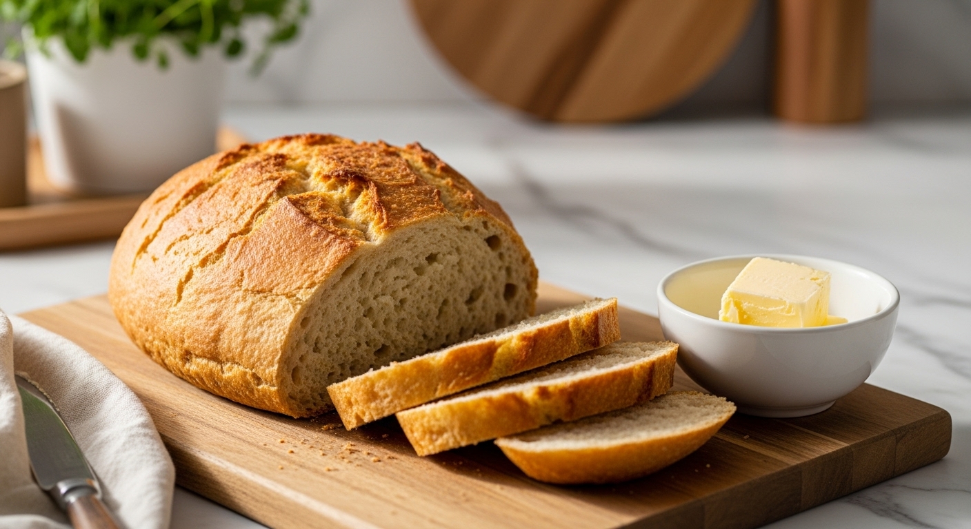 A perfectly golden-brown loaf of Easy Dutch Oven No Knead Bread, sliced and beautifully presented on the same wooden cutting board, revealing its airy crumb and rustic texture. A minimalist white ceramic bowl filled with a pat of softened butter sits elegantly next to it. Fresh herbs are visible in a small pot in the soft, blurred background, all bathed in gentle natural morning light on marble countertops with subtle wood accents. The presentation is clean, tidy, and exudes warm tones with soft shadows. NO HANDS.