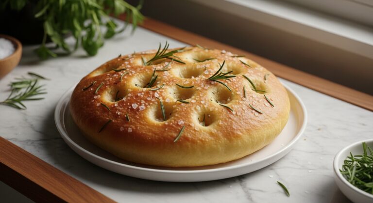 Easy Focaccia Recipe A beautifully baked golden focaccia, generously dimpled and topped with fresh rosemary and flaky sea salt. It's presented on a minimalist white plate, set slightly off-center on the marble countertop with wood accents. Natural morning light from the east window casts soft shadows. Fresh herbs are visible in the background, out of focus. The scene has warm tones and an authentic, inviting feel. (16:9)