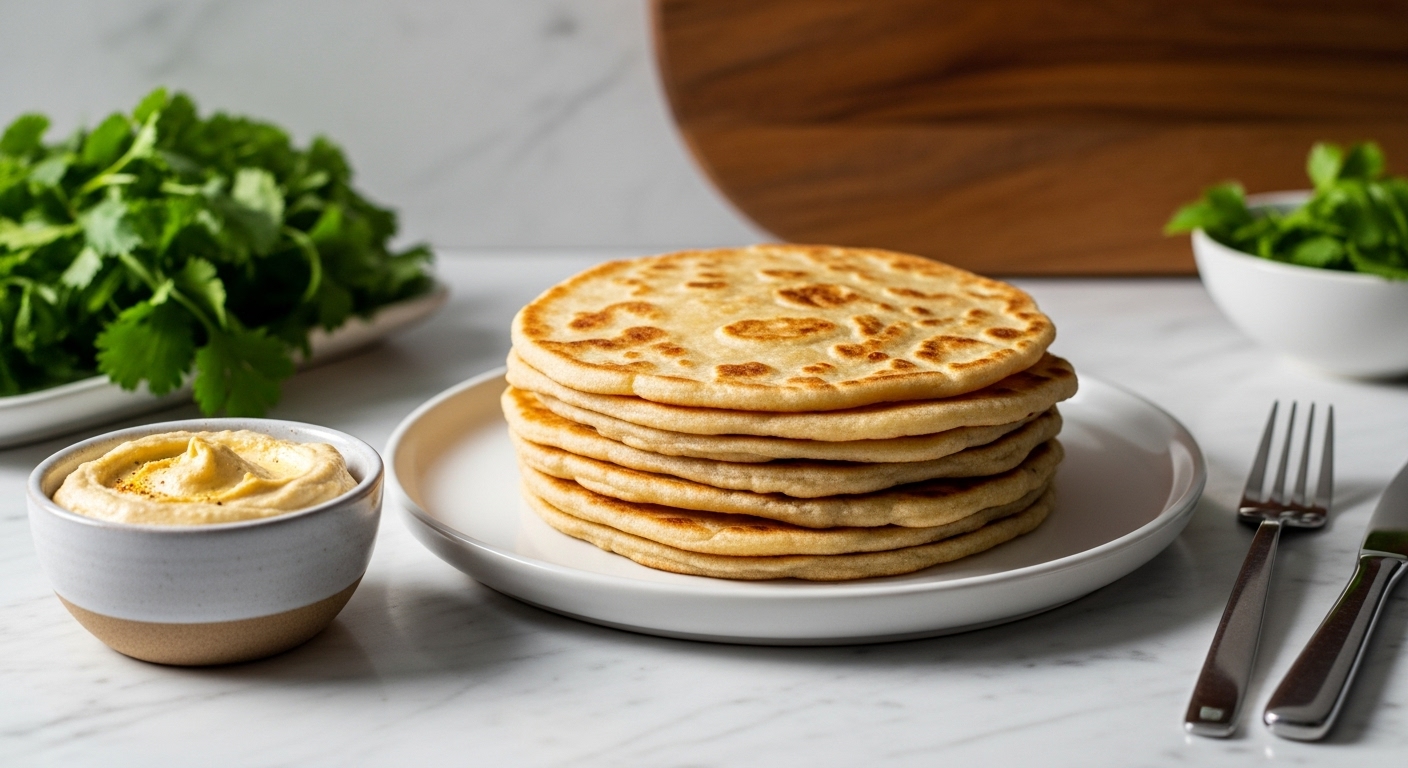 A beautifully plated stack of warm, golden Easy Yogurt Flatbread on a minimalist white plate, set on a marble countertop. A small ceramic bowl of hummus is nearby, and fresh green herbs (like parsley or cilantro) are visible in the background, hinting at the meal. Natural morning light from the east window casts soft shadows. The same wooden cutting board is subtly visible in the background.