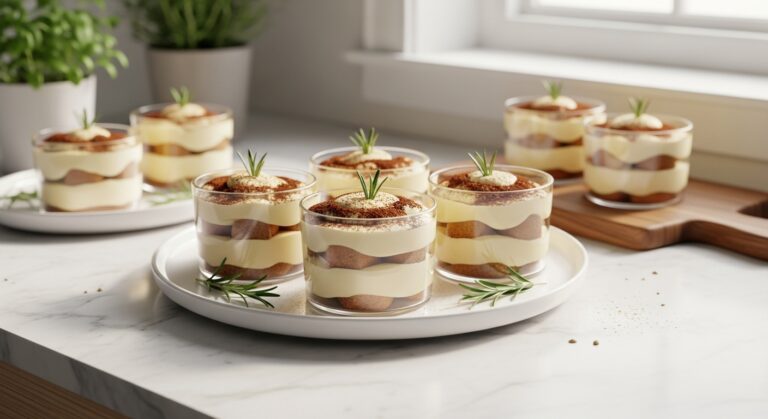 A beautifully composed 16:9 hero shot of several individual Eggnog Tiramisu Cups, each perfectly layered and elegantly dusted with fresh ground nutmeg, garnished with a tiny sprig of fresh rosemary. The cups are arranged on a minimalist white plate, centered on marble countertops with subtle wood accents, bathed in soft natural morning light from an east window. The scene is clean and tidy, reflecting warm tones and soft shadows, with fresh herbs visible in the background and the same wooden cutting board subtly placed nearby.