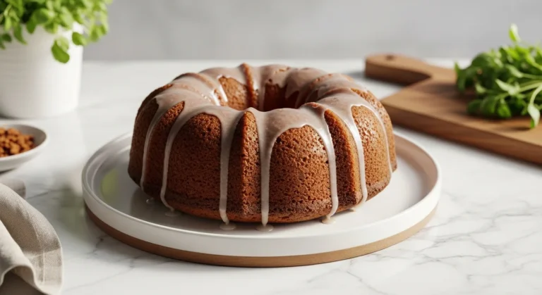 A beautifully presented Maple Brown Sugar Bundt Cake, perfectly golden brown and generously drizzled with a rich maple cream cheese glaze, resting on a minimalist white plate. The cake is positioned on the same wooden cutting board, with elegant marble countertops visible in the background. Natural morning light streams in from an east window, casting soft shadows. Fresh herbs are subtly visible in the background, adding a touch of green. The scene is clean, tidy, and exudes warm, inviting tones. No hands or people.