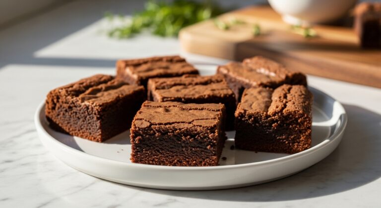 A beautiful, close-up shot of several perfectly cut Foolproof Fudgy Brownies on a minimalist white plate. The brownies have a visible crackly top and moist, dense interior. The plate rests on a marble countertop with a subtle wood accent from the same wooden cutting board in the soft background. Natural morning light from the east window casts soft shadows, creating warm tones. Fresh herbs are visible in the blurred background, adding a touch of green.
