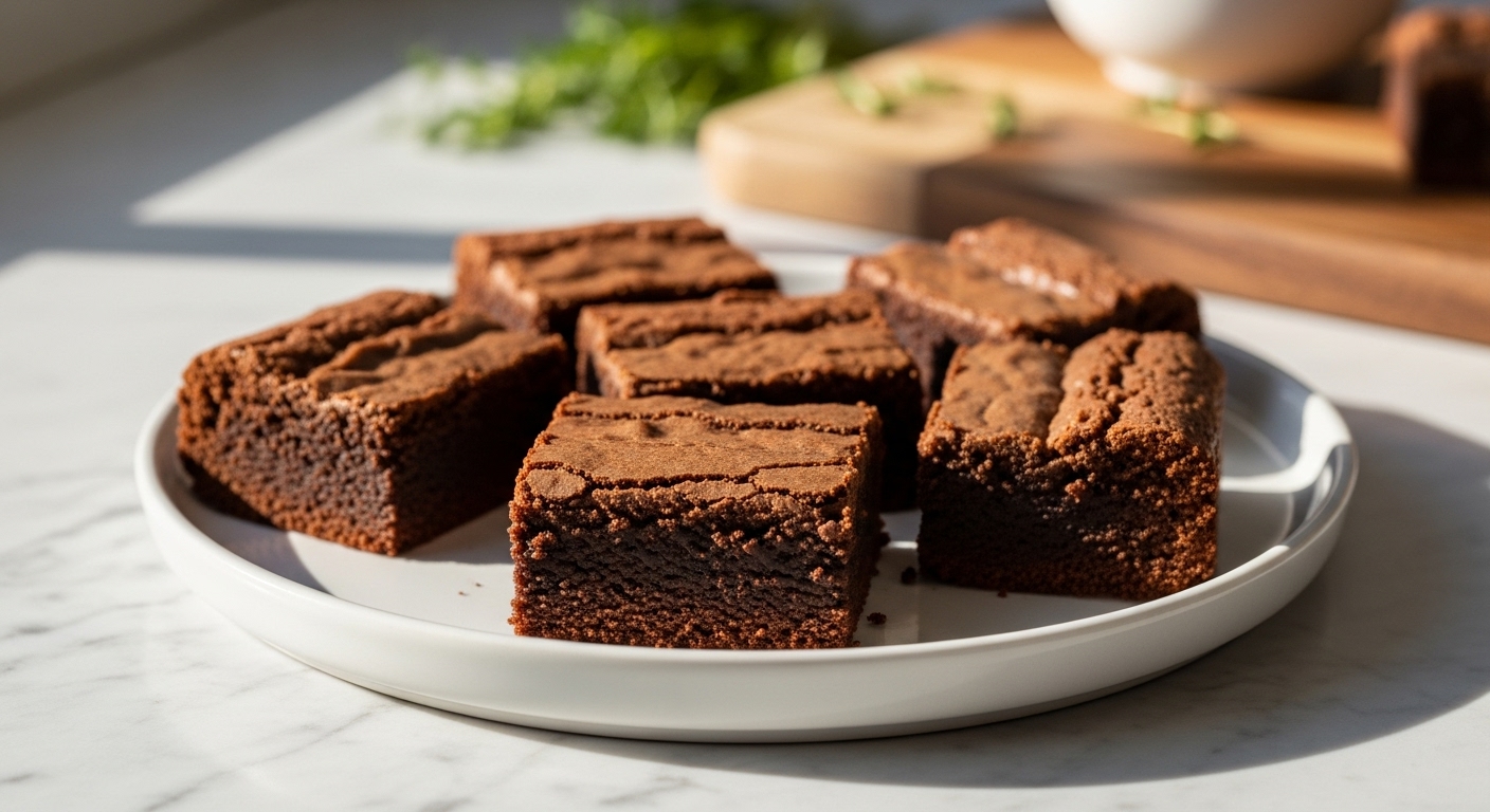 A beautiful, close-up shot of several perfectly cut Foolproof Fudgy Brownies on a minimalist white plate. The brownies have a visible crackly top and moist, dense interior. The plate rests on a marble countertop with a subtle wood accent from the same wooden cutting board in the soft background. Natural morning light from the east window casts soft shadows, creating warm tones. Fresh herbs are visible in the blurred background, adding a touch of green.
