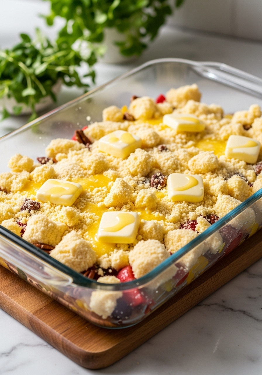 An in-process shot of the Fruit Cocktail Dump Cake in a glass 9x13 inch baking dish, just before going into the oven. The dry yellow cake mix is visible, evenly sprinkled over the fruit, with melted butter drizzled on top, and a few pecans peeking through. The dish rests on the same wooden cutting board on marble countertops, bathed in natural morning light, with fresh herbs visible in the soft-focus background. NO HANDS.