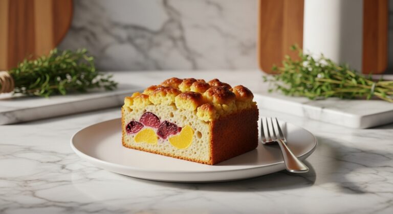 A beautifully plated slice of Fruit Cocktail Dump Cake, golden brown and bubbly, served warm on a minimalist white plate. The background features marble countertops with wood accents, a small bundle of fresh herbs, and soft, natural morning light casting warm tones and gentle shadows, creating an authentic, lived-in kitchen feel. NO HANDS.