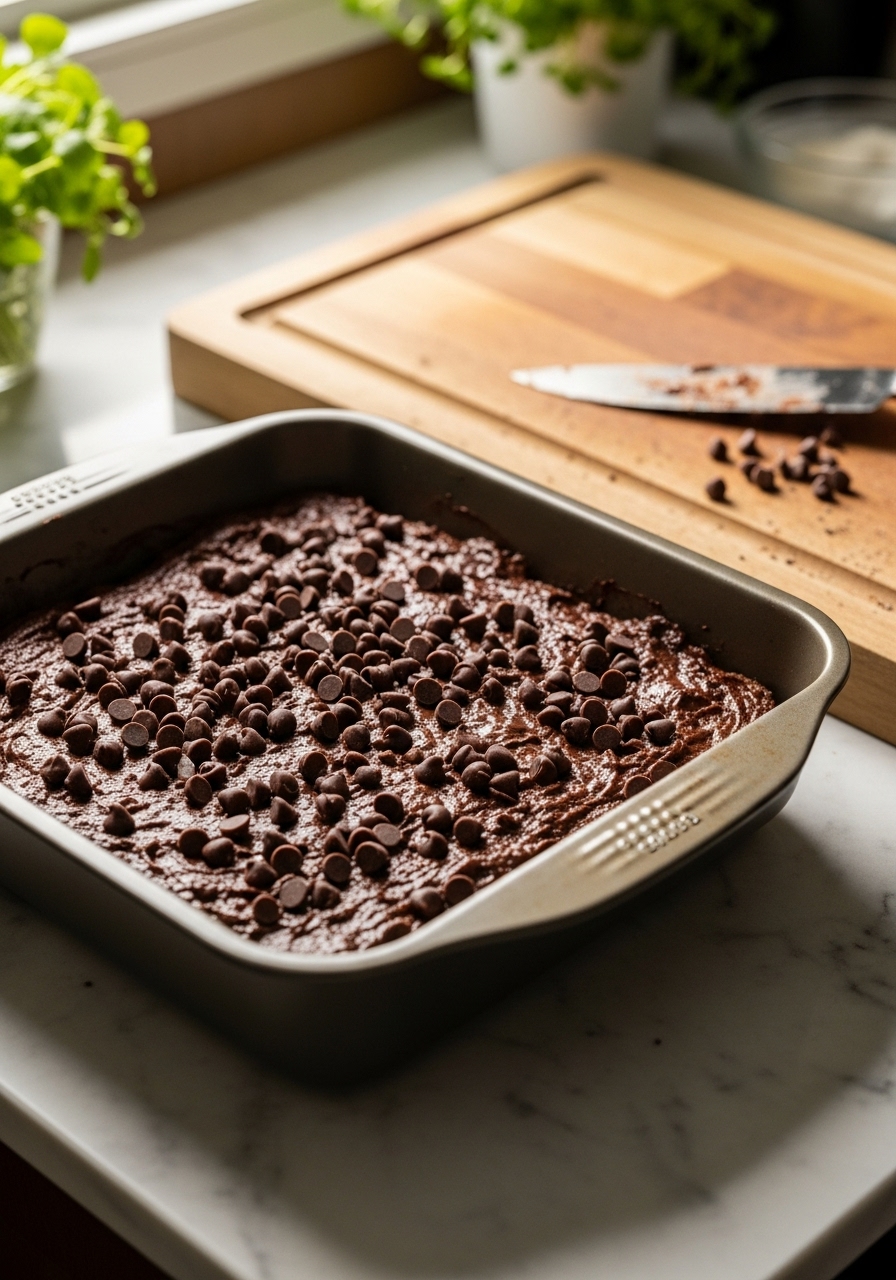 A 9x13 inch baking dish filled with the Fudgy Chocolate Dump Cake mixture, just after the chocolate chips have been sprinkled on top, sitting on the marble countertop next to the same wooden cutting board. The scene is bathed in natural morning light from the east window, with subtle warm tones and fresh herbs visible in the background. It looks as if the cook just stepped away for a moment, capturing the authentic messiness of the process.