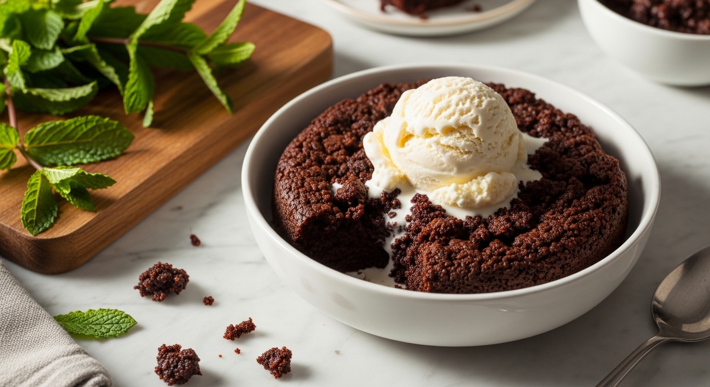 A rich, dark Fudgy Chocolate Dump Cake, still warm, with a scoop of melting vanilla ice cream on top, served in a minimalist white ceramic bowl on marble countertops. Natural morning light from the east window casts soft shadows. Fresh mint sprigs are visible in the background next to the same wooden cutting board. The scene features warm tones and authentic messiness around the serving area.
