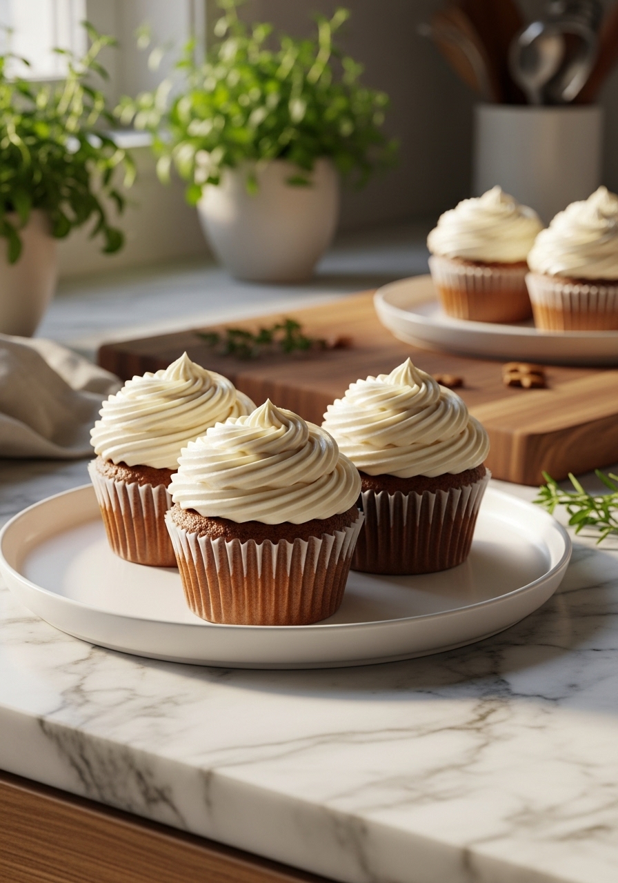 A close-up side view of the same beautifully frosted gingerbread cupcakes on the minimalist white plate, showcasing the fluffy cream cheese frosting and the texture of the cupcake. The scene is set on marble countertops with wood accents, bathed in natural morning light from an east window, with fresh herbs visible in the background, matching the featured image's aesthetic. The same wooden cutting board is subtly visible in the mid-ground. Clean, tidy, warm tones. NO HANDS.
