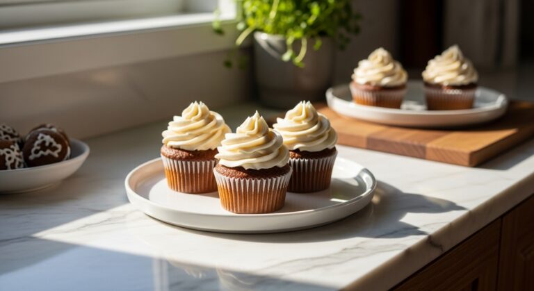 A beautifully composed hero shot of three perfectly frosted gingerbread cupcakes on a minimalist white plate, set on marble countertops with wood accents. Natural morning light streams from an east window, casting soft shadows. Fresh herbs are visible in a small pot in the background. The scene is clean, tidy, and has warm tones, showcasing the festive appeal of the cupcakes. NO HANDS.